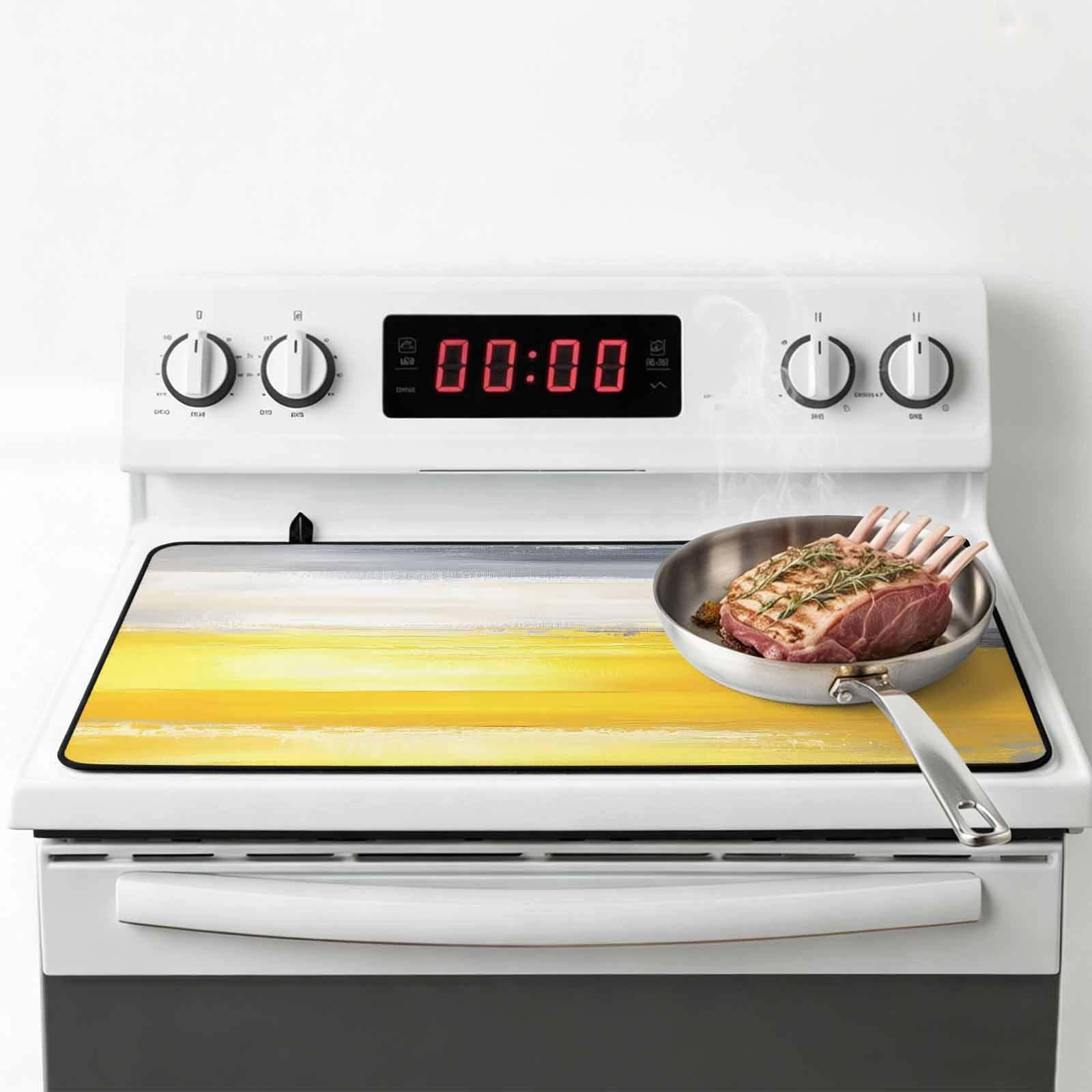 Yellow Gray Stove Top Cover for Electric Stove, Heat-proof & Non Slip Glass Top Stove Cover Protector, Modern Abstract Oil Painted Art Kitchen Flat Cooktop Rubber Mat 24x21 Inches