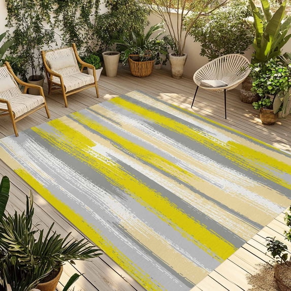 Yellow Gray Stripes Outdoor Rug for Patio/Deck/Porch, Non-Slip Large Area Rug 5 x 8 Ft, Watercolor Modern Abstract Minimalist Indoor Outdoor Rugs Washable Area Rugs, Camping Rug Carpet Runner