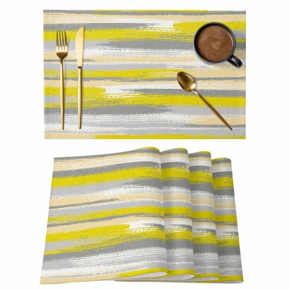 Yellow Gray Stripes Placemats Set of 4, Watercolor Modern Abstract Minimalist Placemats for Dining Table, Place Mats for Kitchen Tabletop, Waterproof Wipeable Dining Table Mats Set