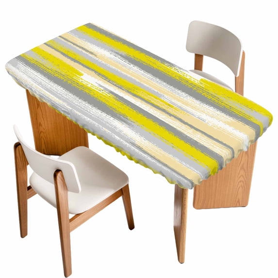 Yellow Gray Stripes Table Cloths for 5 Foot Rectangle Tables, Watercolor Modern Abstract Minimalist Patio Waterproof Elastic Fitted Tablecloths, Washable Rectangular Table Cover for Camping