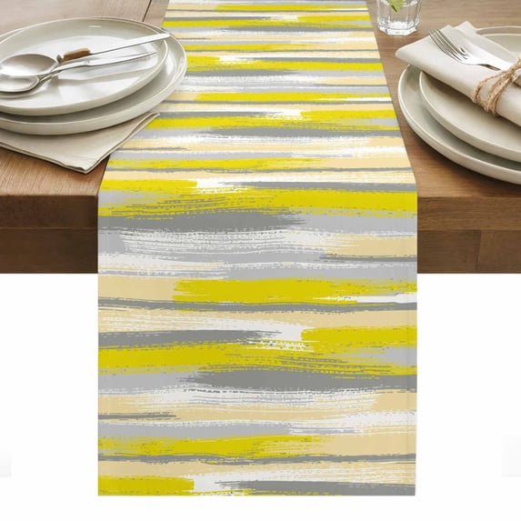 Yellow Gray Stripes Table Runner - 120 Inch Long, Kitchen Dining Table Runner Dresser Scarves, Watercolor Modern Abstract Minimalist Farmhouse Decor for Coffee Tables Wedding Party Banquet
