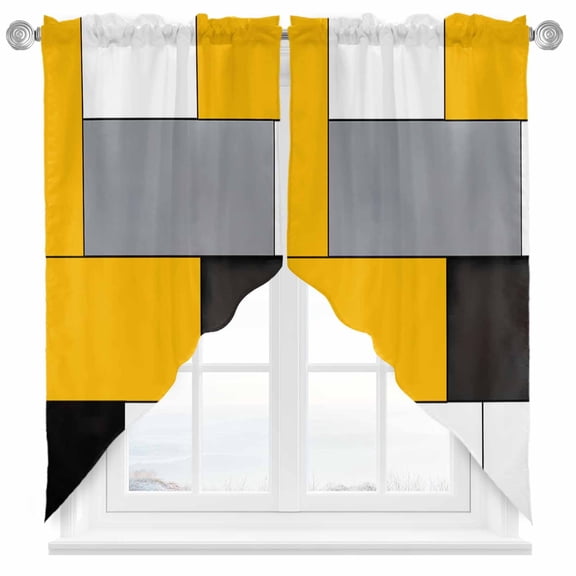 Yellow Gray Swag Curtain Valance for Windows, Abstract Color Block Window Treatments Short Swag Topper for Kitchen Windows Bathroom Bedroom, 28"x36"