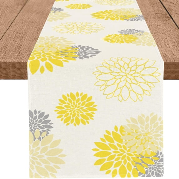 Yellow Gray Table Runner Dahlia Pinnata Flower Beige Table Runners Modern Elegant Pompon Farmhouse Geometric Table Center Decor for Girls Room Dining Party Patio (13 x 108 Inch)
