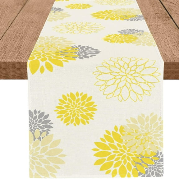 Yellow Gray Table Runner Dahlia Pinnata Flower Beige Table Runners Modern Elegant Pompon Farmhouse Geometric Table Center Decor for Home Dining Party Entrance (13 x 36 Inch)