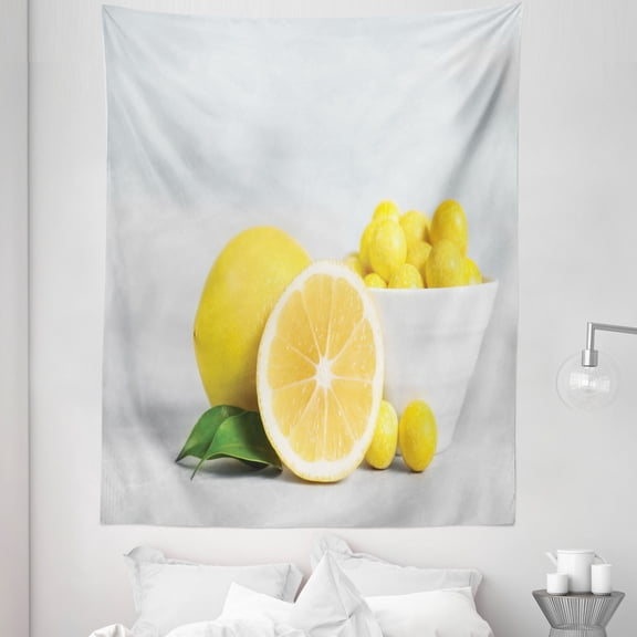 Yellow Gray Tapestry, Summer Themed Fruit Photo Lemons Freshness Concept Macro Photography, Fabric Wall Hanging Decor for Bedroom Living Room Dorm, 5 Sizes, Fern Green and White, by Ambesonne