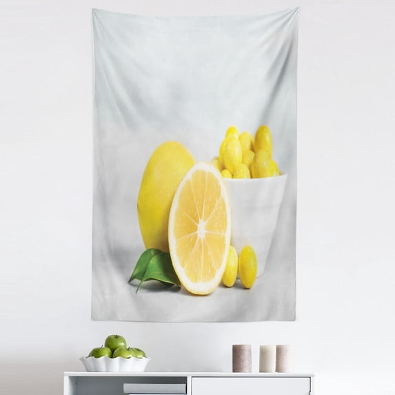 Yellow Gray Tapestry, Summer Themed Fruit Photo Lemons Freshness Concept Macro Photography, Fabric Wall Hanging Decor for Bedroom Living Room Dorm, 5 Sizes, Fern Green and White, by Ambesonne