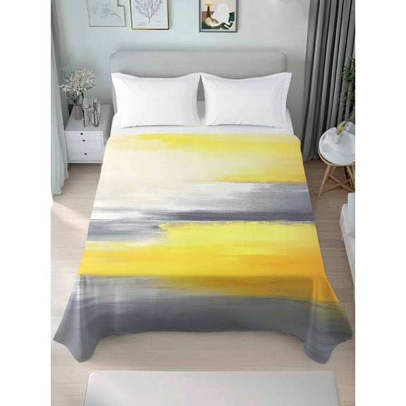 Yellow Gray Twim Size Flat Sheet, Wrinkleproof & Fadeproof Cooling Flat Bed Sheet Only, Contemporary Abstract Oil Painted Art Breathable Soft Bedding Top Sheets 66 x 96 Inches