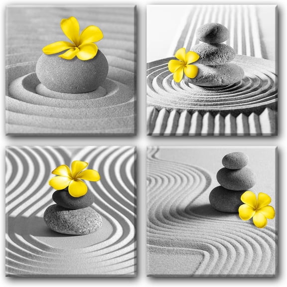 Yellow Gray Wall Art Black White Zen Wall Art Floral Wall Pictures Flower Zen Painting Stone Sand Pebble Canvas Poster Artwork for Wall Decor Living Room Bedroom Bathroom Decor Framed