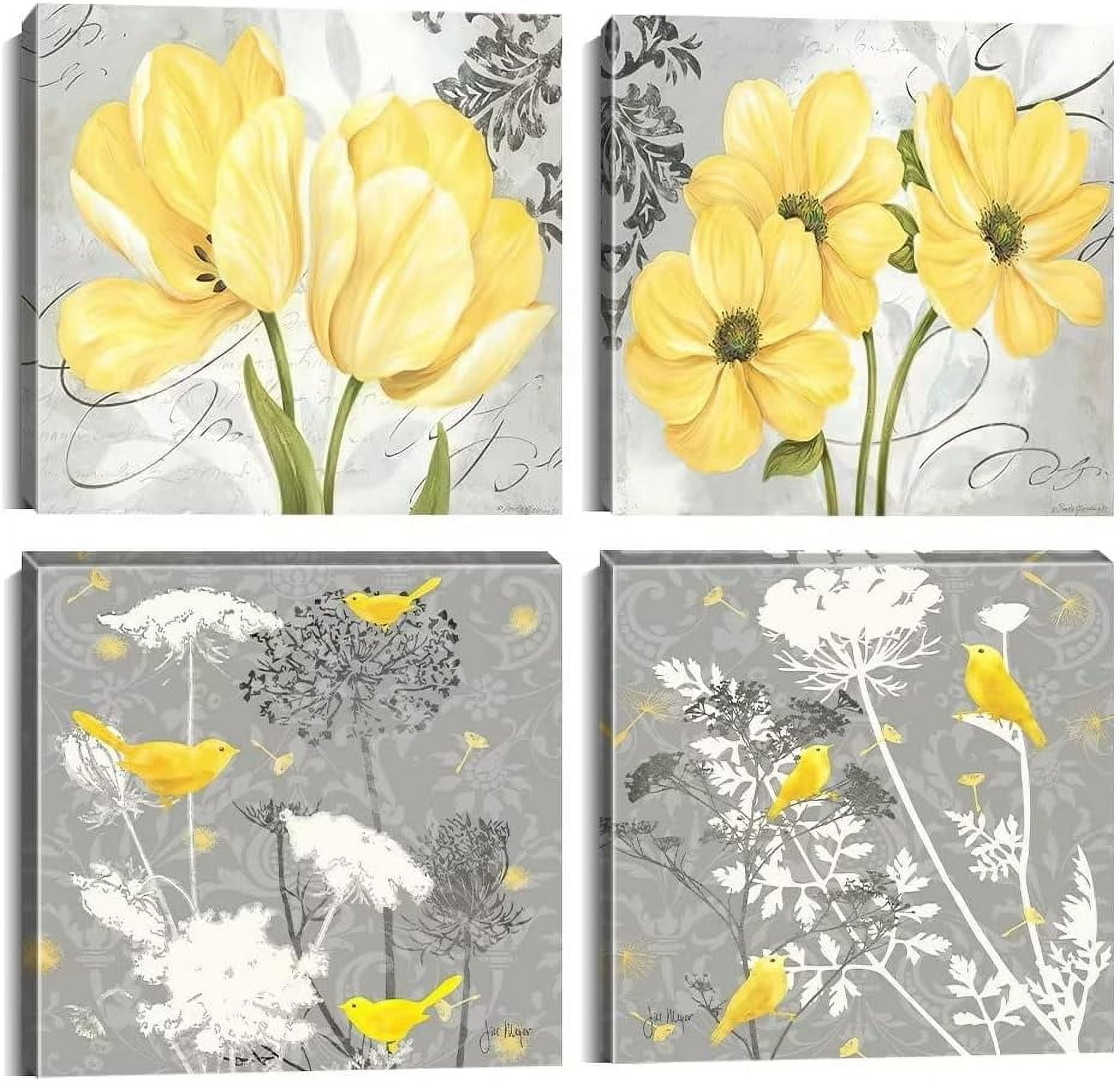 Yellow Gray Wall Art Canvas Flowers Birds Wall Decor for Living Room