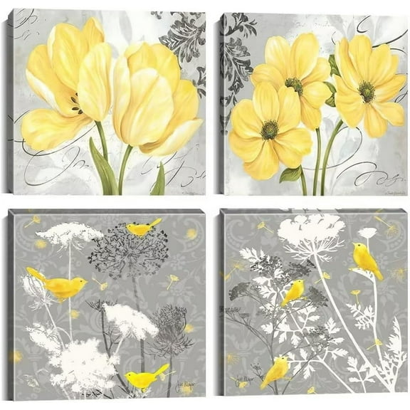 Yellow Gray Wall Art Canvas Flowers Birds Wall Decor for Living Room Bathroom Abstract Modern Floral Large Posters Print Artwork Framed Hang Pictures for Home Decorations 16''''x16'''' x4 Panels
