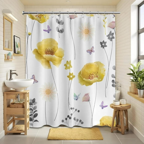 Yellow and Gray Watercolor Floral Shower Curtain Grey and Yellow Spring Summer Modern Minimalist Flower Shower Curtains for Bathroom Decor, Waterproof Fabric with Hooks 60"W x 72"L (Pack of 1)