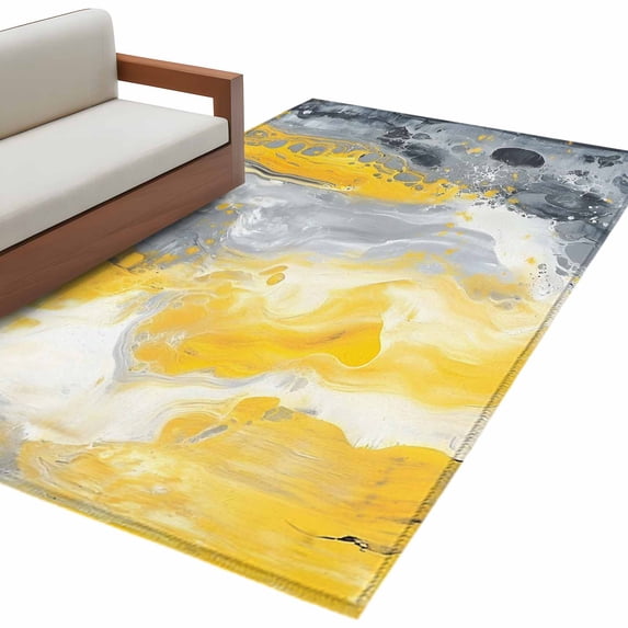 Yellow Gray Wave Area&nbsp;Rug 2.7x5ft Watercolor Abstract Non-Slip&nbsp;Washable Square&nbsp;Rugs Soft Felt Indoor Floor Mat for Bedroom Kitchen Living Room Bathroom