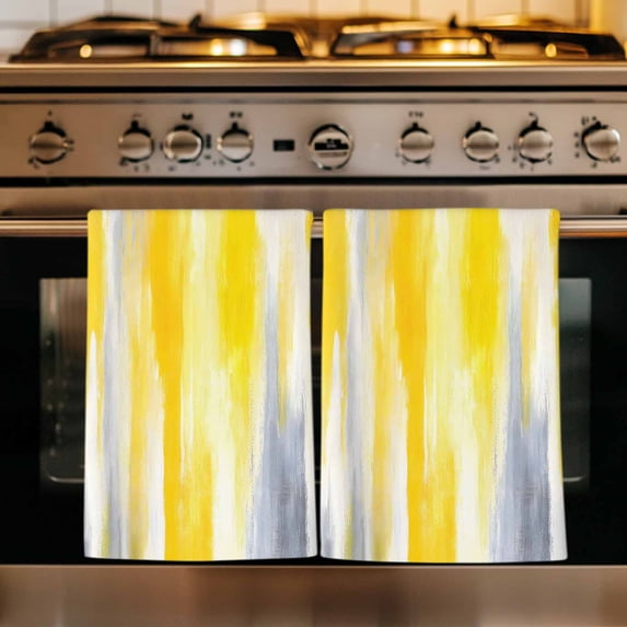 Yellow Gray White Kitchen Towels Set of 3, Farmhouse Gradient Abstract Art Absorbent Dish Towels for Kitchen, Microfiber Hand Towel, Quick Drying Tea Towel for Cleaning Decorative Dishcloths