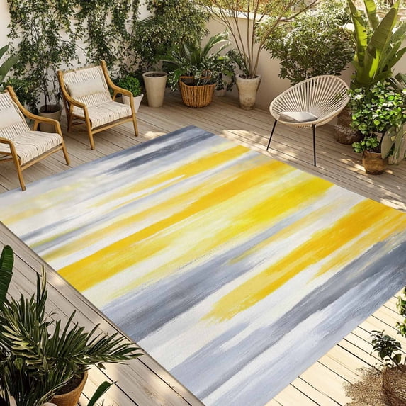 Yellow Gray White Outdoor Rug 5x8 Ft - Reversible Patio Rug Outdoor Camping Rugs, Farmhouse Gradient Abstract Art Washable Indoor Outdoor Area Rugs, Non-Slip Outdoor Carpet Runner for Deck/Porch