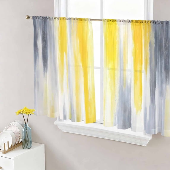 Yellow Gray White Semi Sheer Curtains 45 Inch Length 2 Panels Set, Farmhouse Gradient Abstract Art Sheer Kitchen Curtain Privacy Voile Window Curtain for Living Room Bedroom Rod Pocket Drapes