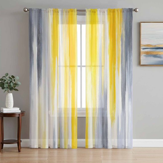 Yellow Gray White Semi Sheer Curtains 84 Inch Length 2 Panels Set, Farmhouse Gradient Abstract Art Sheer Kitchen Curtain Privacy Voile Window Curtain for Living Room Bedroom Rod Pocket Drapes