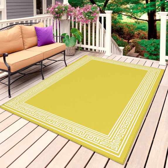 Yellow Greek Key Outdoor Rug for Patio/Deck/Porch, Non-Slip Large Area Rug 5 x 7 Ft, Geometric Greece Ancient Farmhouse Geo Indoor Outdoor Rugs Washable Area Rugs, Camping Rug Carpet Runner