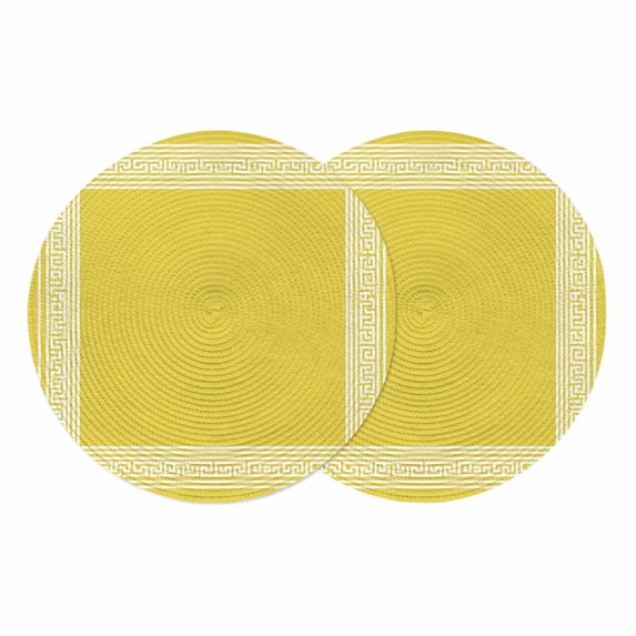 Yellow Greek Key Round 13 Inch Placemats Set of 2, Geometric Greece Ancient Farmhouse Geo HeatResistant Non Slip Place Mats for Dining Table, Wipeable Braided Kitchen Table Mats for Housewarming