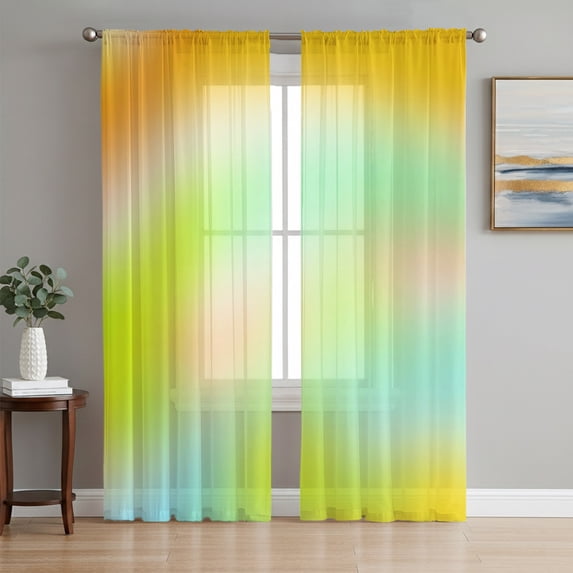 Yellow Green Abstract Sheer Curtains 96 Inch Length 2 Panels Set, Modern Gradient Minimalist Art Voile Window Treatment Semi Sheer Long Curtains Drapes for Bedroom/Living Room/Kitchen 52"x96"x2