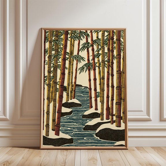 Yellow Green Bamboo Forest Japanese Woodblock Vertical Landscape, Stretched Canvas 16x20in
