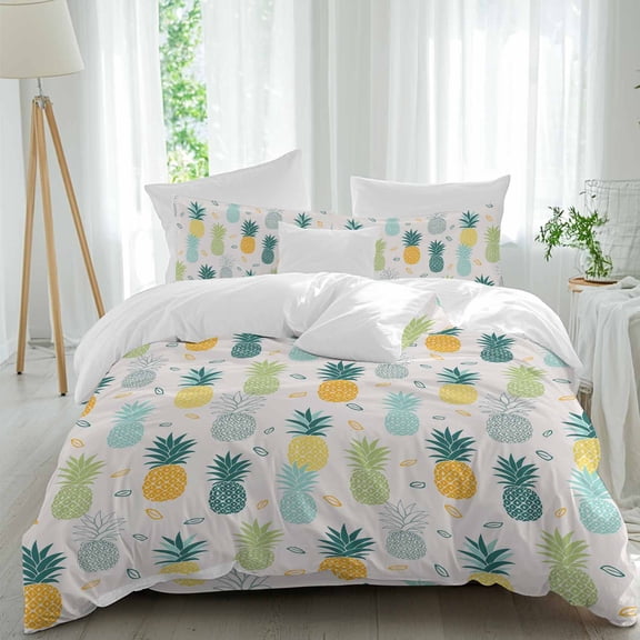 Yellow Green Blue Pineapple Full Size Comforter Set, Tropical Fruit Leaf Vintage Bedding for All Seasons, 4 Pcs Bed Set, 1Quiltcover (86"x86") ,1Sheet(80"x116"), 2Pillowcases (30"x20")