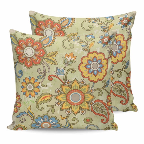 Yellow Green Boho Floral 20x20 Pillow Covers Set of 2, Retro Rustic Abstract Flowers Throw Pillow Covers Decorative Couch Cushion Case, Microfiber Square Pillowcases for Bedroom Car Living Room