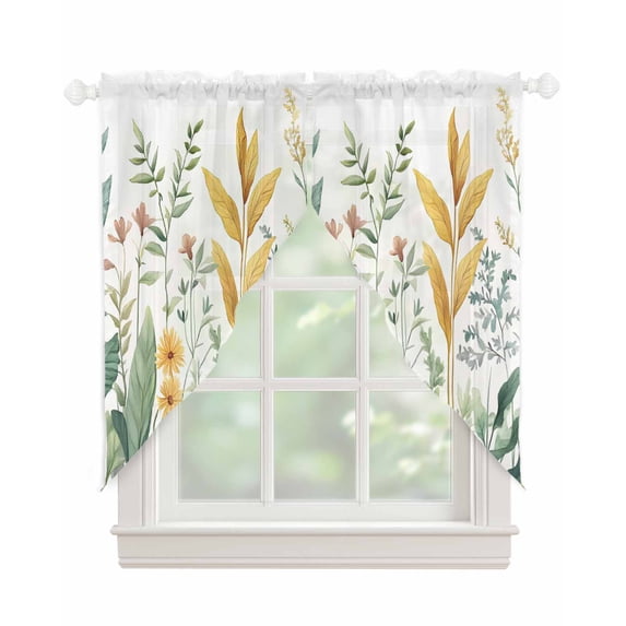 Yellow Green Botanical Swag Valances for Windows, Rustic Watercolor Leaves Rod Pocket Sheer Valances for Large Windows, Swag Toppers Light Filtering for Kitchen Living Room 2 Panels 36''x63''