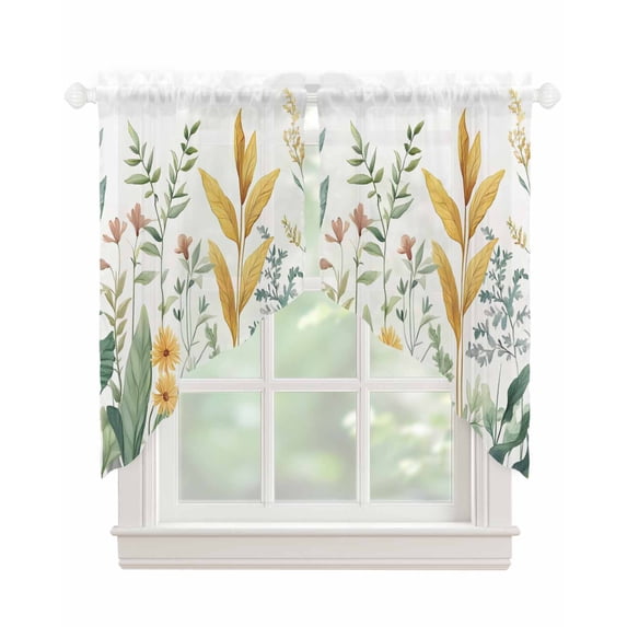 Yellow Green Botanical Swag Valances for Windows, Rustic Watercolor Leaves Rod Pocket Sheer Valances for Small Windows, Swag Toppers Light Filtering for Kitchen Living Room 2 Panels 36''x36''