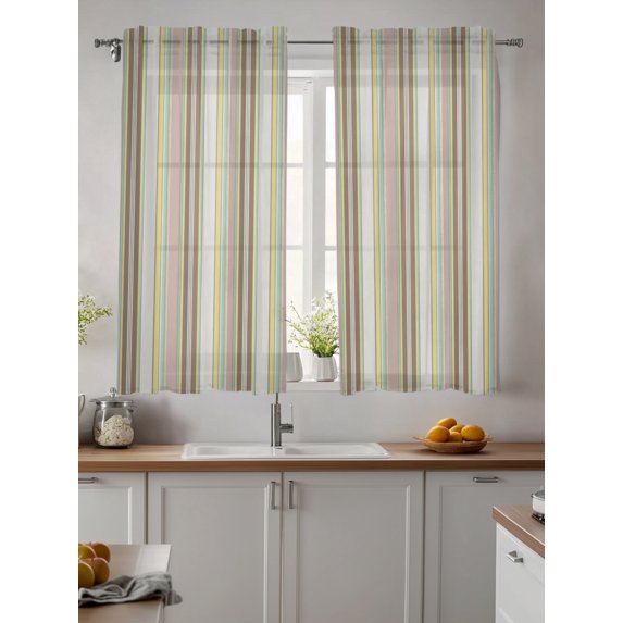 Yellow Green Brown Striped Sheer Kitchen Tier Curtains 45 Inch length,Rod Pocket Half Curtains & Drapes,Farmhouse Modern Stripes Art Chiffon Cafe Bathroom Window Treatments 2 Pcs 27.5"W x 45"L
