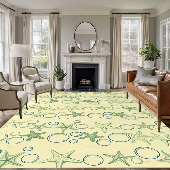 Yellow Green Coastal Area Rugs 8'x10', Washable Small Throw Rugs for Living Room Patio, Starfish Nautical Ocean Sea Wooden Indoor Outdoor Rug Non-Slip Low Pile Carpet Runner Reversible Floor Mats