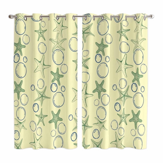 Yellow Green Coastal Kitchen Curtains Window Panels, Starfish Nautical Ocean Sea Wooden Insulated Window Treatment Curtain, Grommet Curtains for Bedroom/Living Room/Bathroom, 2 Piece 42"Wx63"L