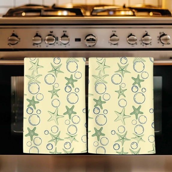 Yellow Green Coastal Kitchen Towels Set of 1, Starfish Nautical Ocean Sea Wooden Absorbent Dish Towels for Kitchen, Microfiber Hand Towel, Quick Drying Tea Towel for Cleaning Decorative Dishcloths