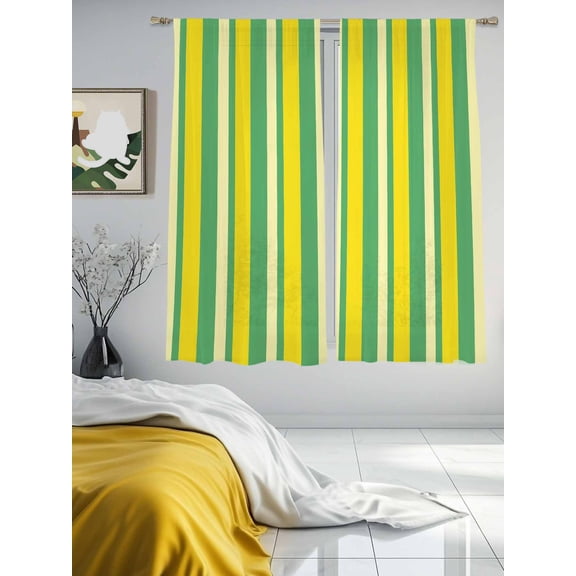 Yellow Green Color Stripes Chiffon Sheer Curtains 63 Inches Long Summer Minimalist Art Rod Pocket Window Curtains Voile Drapes Curtains for Living Room Bedroom,2 Panels