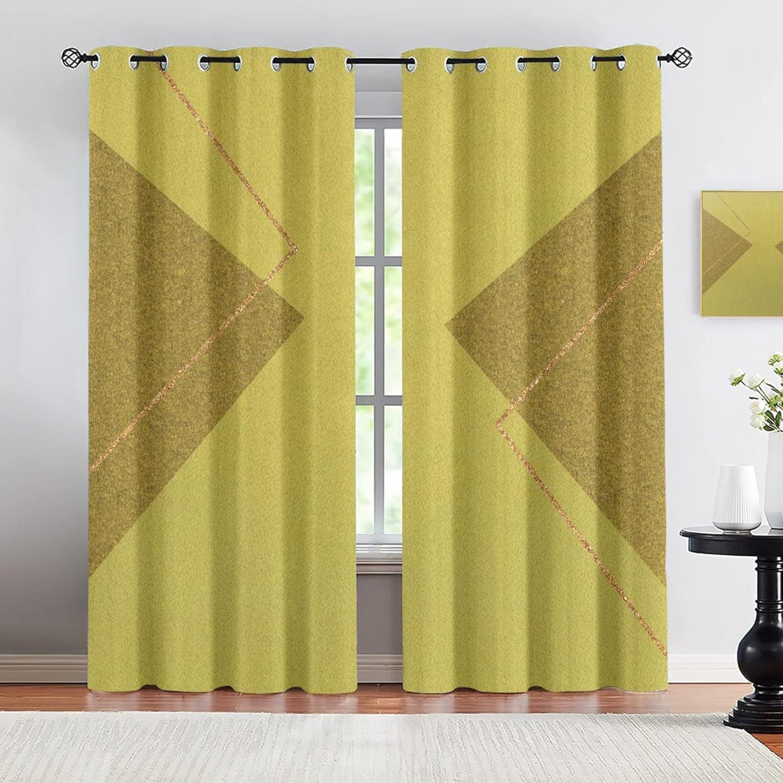 Yellow Green Curtains, Geometry Lines Blackout Curtains For Living Room ...