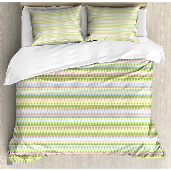 Yellow and Green Duvet Cover Set, Colorful Chevron or Zigzags, Decorative 3 Piece Bedding Set with 2 Pillow Shams, Calking Size, Multicolor, by Ambesonne