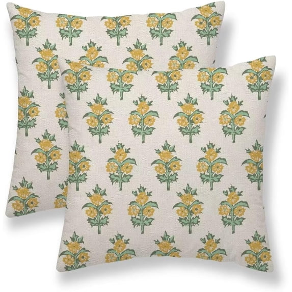 Yellow Green Floral Pillow Covers 18 x 18 Inch Set of 2, Flower Leaves Block Print Decorations Throw Pillow Covers Outdoor Farmhouse Cushion Case Linen Decor for Home Couch Sofa