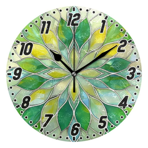 Yellow Green Floral Stained Glass Round Wall Clock Battery Operated Silent Non-Ticking Bedroom Office Kitchen Home School Decor 10"(Black)