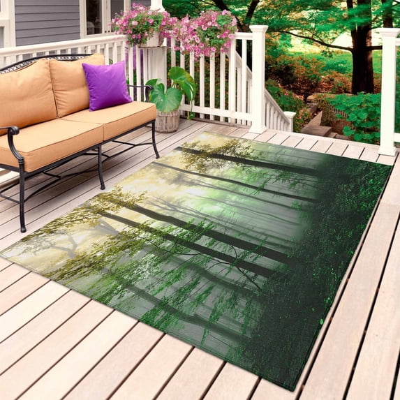 Yellow Green Forest Outdoor Rug for Patio/Deck/Porch, Non-Slip Large Area Rug 3 x 5 Ft, Vintage Foggy Woods Tree Indoor Outdoor Rugs Washable Area Rugs, Reversible Camping Rug Carpet Runner