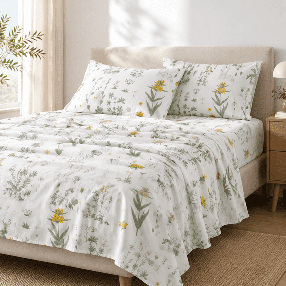Yellow Green Full Size 4-Piece Botanical Flower Printed Bedding Sheet Set