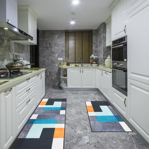 Yellow Green Kitchen Rugs Mats Set of 2, Non-Slip Absorbent Cushioned Kitchen Floor Mats Geometric Rugs for Kitchen, Sink, Office, Laundry Decor