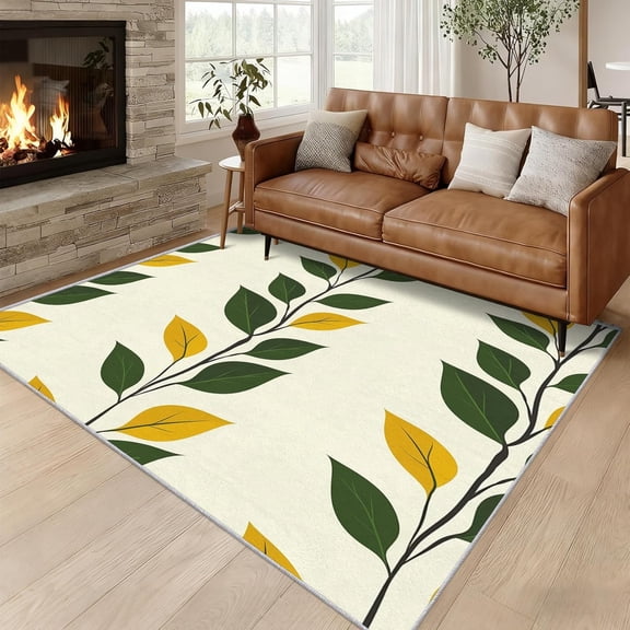 Yellow Green Leaf Area Rug, Modern Simple Botanical Pattern Carpet, Washable Non Slip Low Pile Soft Thin, Living Room Bedroom Home Decor Mat 2x3ft