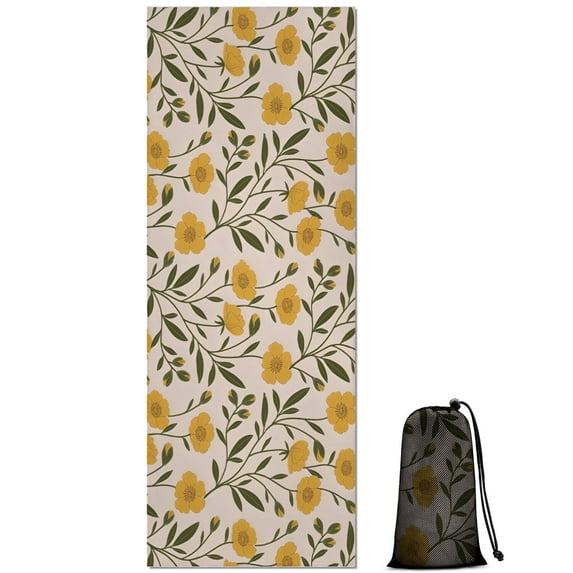 Yellow Green Leaf Flower Pattern Hot Yoga Mat Towel Non Slip for Hot Yoga - Quick-Drying Yoga Mat Cover with 4 Corner Pockets with Travel Bag - Hot Yoga Towel Non Slip 70"x26"