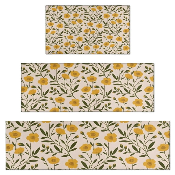 Yellow Green Leaf Flower Pattern Kitchen Rugs Sets Of 3,Kitchen Runner Rugs Non Skid Washable,Decorative Kitchen Floor Mats for Kitchen,Sink,Laundry,17"x30"+ 17"x47" + 17"x59"