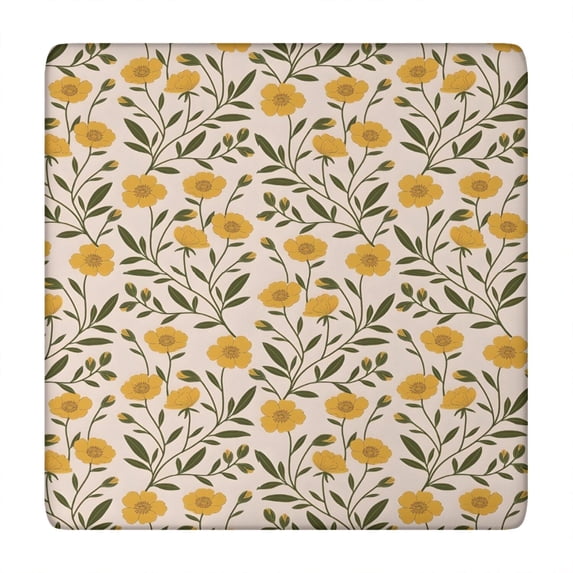 Yellow Green Leaf Flower Pattern Square Fitted Tablecloth with Elastic Edge,Square Table Cover,Washable Elastic Table Cover for Home Kitchen Party Decor 34"x34"