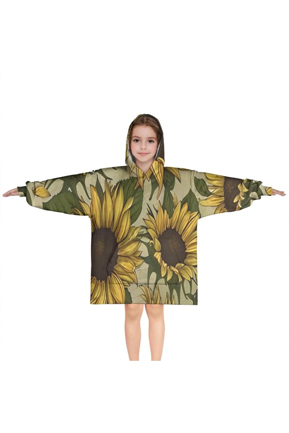 Yellow Green Leaf Sunflower Pattern Blanket Hoodies for Kids 6-13YR Oversize Wearable Blanket Hoodies for Boys Girls Teens