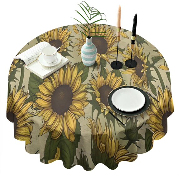 Yellow Green Leaf Sunflower Pattern Round Tablecloth 60"x60",Wrinkle Wipeable Table Cloth for Kitchen Dining Room Picnic Patio Party
