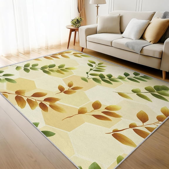 Yellow Green Leaves Area Rug, Botanical Honeycomb Leaf Pattern Indoor Carpet, Washable Non Slip Low Pile Soft Thin Rug for Living Room Bedroom Home Decor Mat 2x3ft