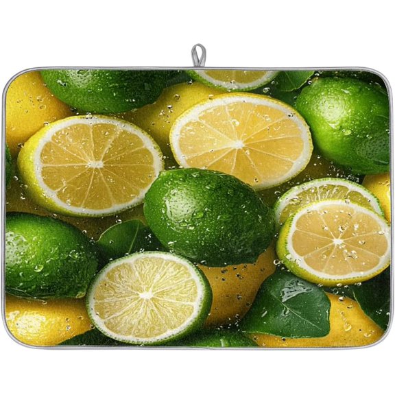 Yellow Green Lemons Dish Drying Mat Kitchen Counter Mat 16" x 18" Microfiber Absorbent Dry Mat for Coffee Bar Non-Slip Dishes Pad
