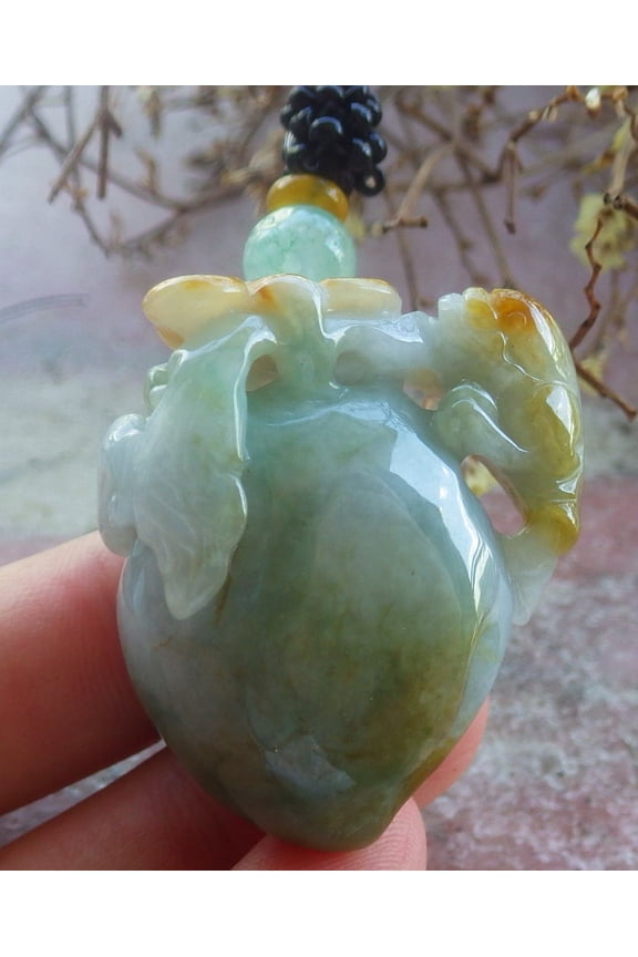 Yellow Green Natural A Jade jadeite Pendant Frog Toad Peach Ruyi Necklace 703159 TN