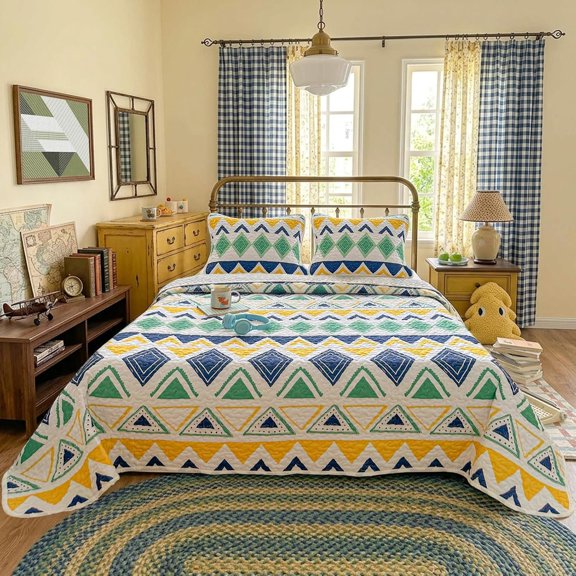 Yellow Green Navy Triangle Quilt Set 3 count Size Reversible Coverlet Bedspread Set Soft Microfiber Lightweight Summer Set Bed Cover Colorful Bed Quilted Set